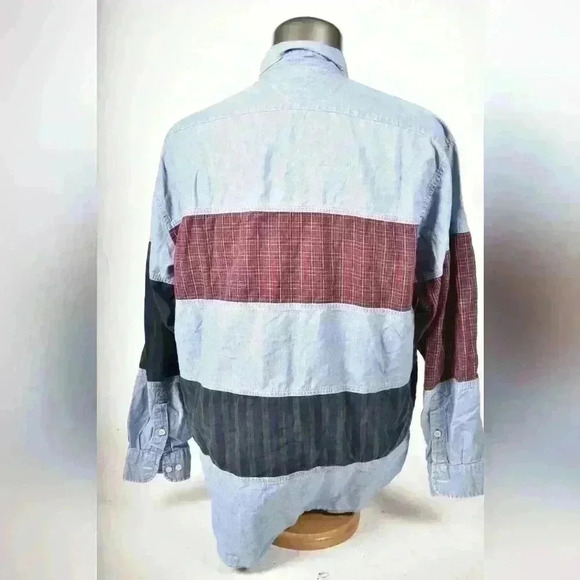 90s TOMMY HILFIGER JEANS Blue Cotton Chambray  Patchwork Oversized Shirt Medium - Picture 4 of 9